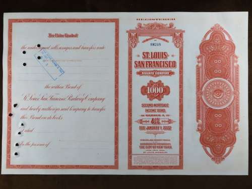1948 St Louis San Francisco Railway Company, $1000 Bond Certificate RM248