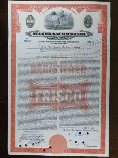1948 St Louis San Francisco Railway Company, $1000 Bond Certificate RM249