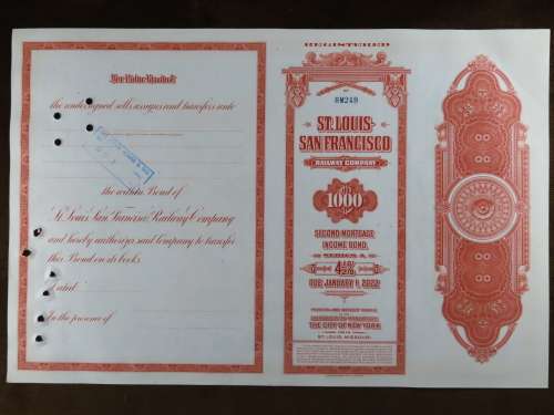 1948 St Louis San Francisco Railway Company, $1000 Bond Certificate RM249