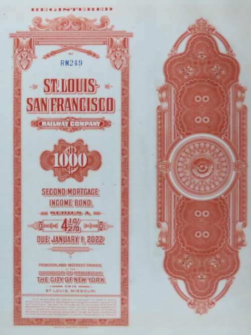 1948 St Louis San Francisco Railway Company, $1000 Bond Certificate RM249