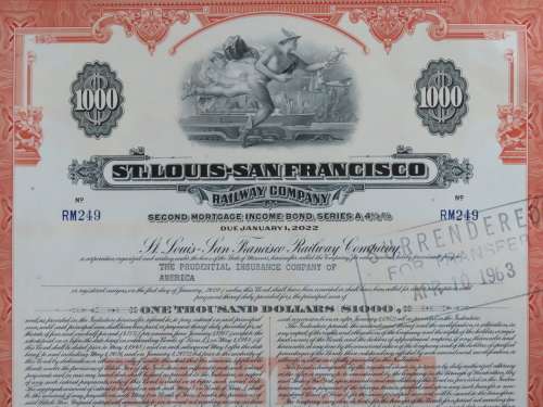1948 St Louis San Francisco Railway Company, $1000 Bond Certificate RM249