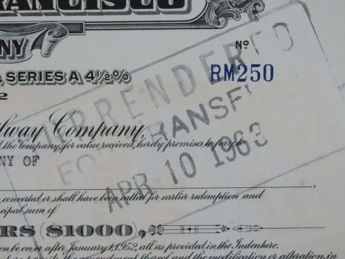 1948 St Louis San Francisco Railway Company, $1000 Bond Certificate RM250