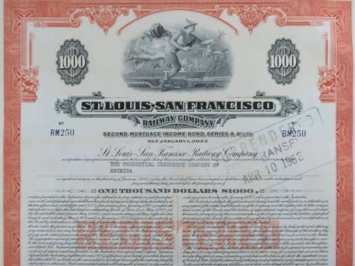 1948 St Louis San Francisco Railway Company, $1000 Bond Certificate RM250