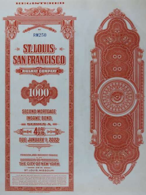 1948 St Louis San Francisco Railway Company, $1000 Bond Certificate RM250