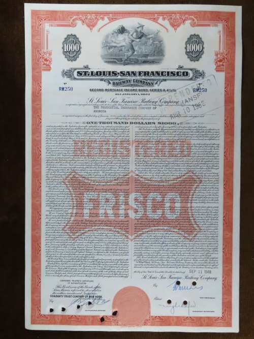 1948 St Louis San Francisco Railway Company, $1000 Bond Certificate RM250