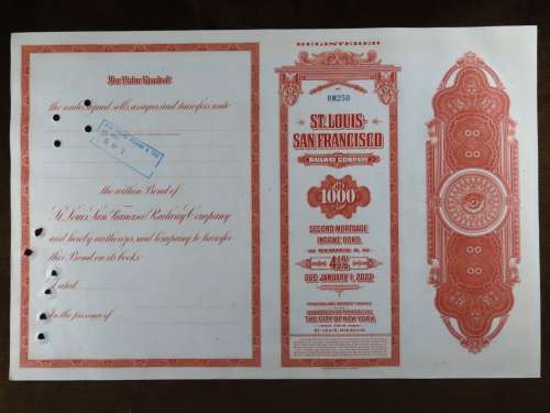 1948 St Louis San Francisco Railway Company, $1000 Bond Certificate RM250