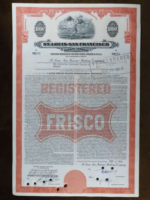 1948 St Louis San Francisco Railway Company, $1000 Bond Certificate RM251