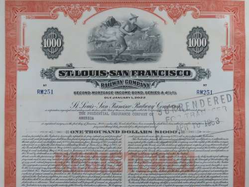1948 St Louis San Francisco Railway Company, $1000 Bond Certificate RM251