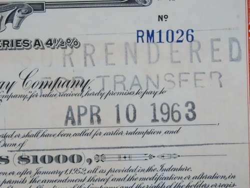 1948 St Louis San Francisco Railway Company, $1000 Bond Certificate RM1026
