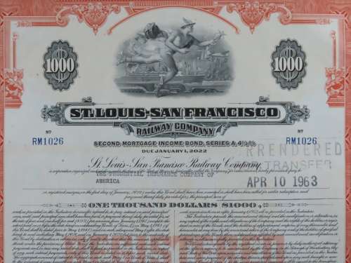 1948 St Louis San Francisco Railway Company, $1000 Bond Certificate RM1026