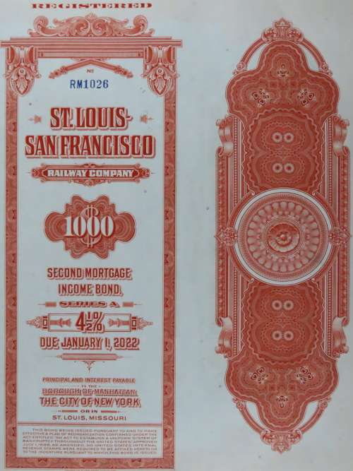 1948 St Louis San Francisco Railway Company, $1000 Bond Certificate RM1026