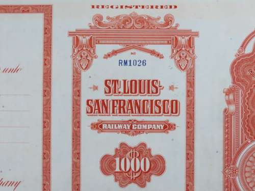 1948 St Louis San Francisco Railway Company, $1000 Bond Certificate RM1026