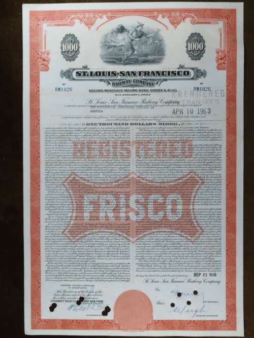 1948 St Louis San Francisco Railway Company, $1000 Bond Certificate RM1026