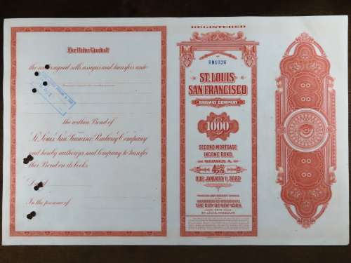 1948 St Louis San Francisco Railway Company, $1000 Bond Certificate RM1026