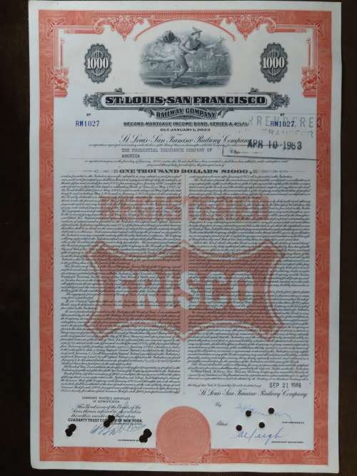 1948 St Louis San Francisco Railway Company, $1000 Bond Certificate RM1027