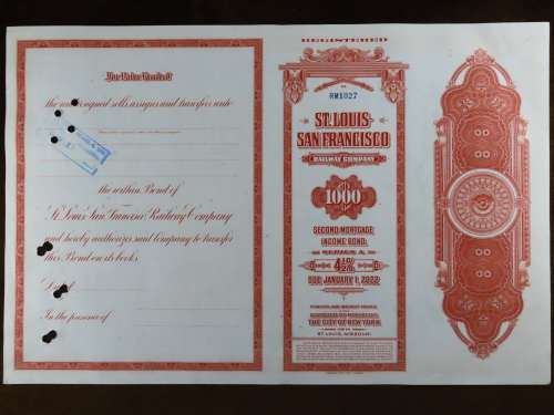 1948 St Louis San Francisco Railway Company, $1000 Bond Certificate RM1027