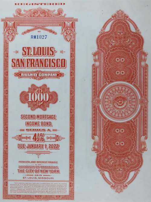 1948 St Louis San Francisco Railway Company, $1000 Bond Certificate RM1027
