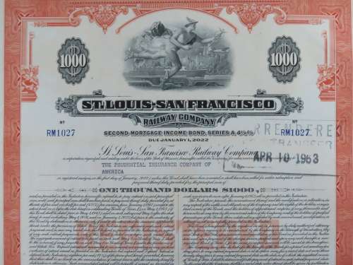 1948 St Louis San Francisco Railway Company, $1000 Bond Certificate RM1027