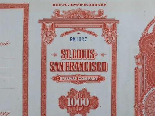 1948 St Louis San Francisco Railway Company, $1000 Bond Certificate RM1027