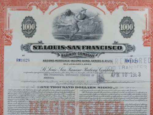 1948 St Louis San Francisco Railway Company, $1000 Bond Certificate RM1028