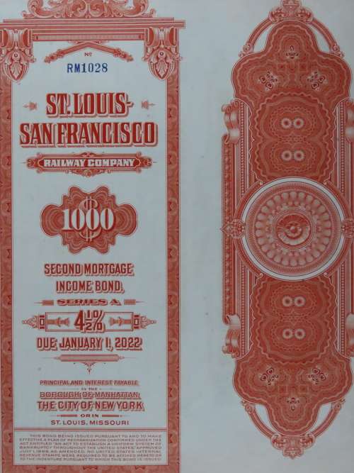 1948 St Louis San Francisco Railway Company, $1000 Bond Certificate RM1028