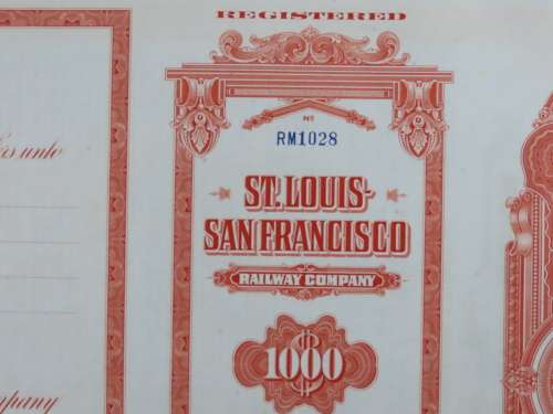 1948 St Louis San Francisco Railway Company, $1000 Bond Certificate RM1028