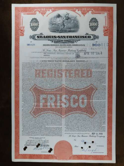 1948 St Louis San Francisco Railway Company, $1000 Bond Certificate RM1028