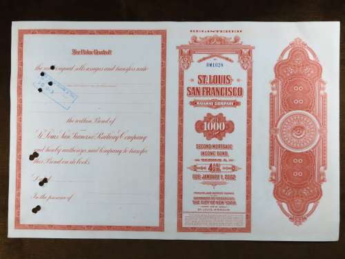 1948 St Louis San Francisco Railway Company, $1000 Bond Certificate RM1028