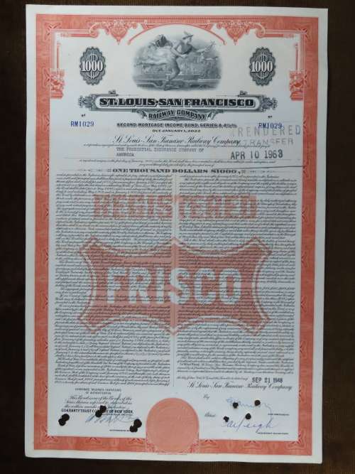 1948 St Louis San Francisco Railway Company, $1000 Bond Certificate RM1029