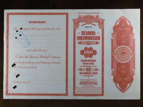 1948 St Louis San Francisco Railway Company, $1000 Bond Certificate RM1029