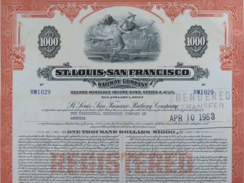 1948 St Louis San Francisco Railway Company, $1000 Bond Certificate RM1029