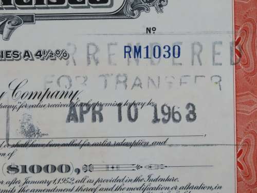 1948 St Louis San Francisco Railway Company, $1000 Bond Certificate RM1030