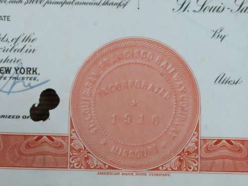 1948 St Louis San Francisco Railway Company, $1000 Bond Certificate RM1030