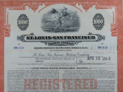 1948 St Louis San Francisco Railway Company, $1000 Bond Certificate RM1030