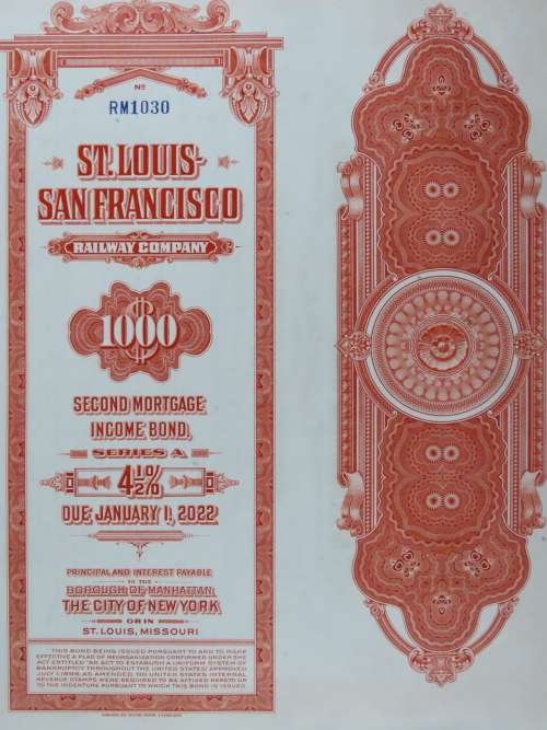 1948 St Louis San Francisco Railway Company, $1000 Bond Certificate RM1030