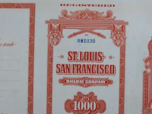 1948 St Louis San Francisco Railway Company, $1000 Bond Certificate RM1030