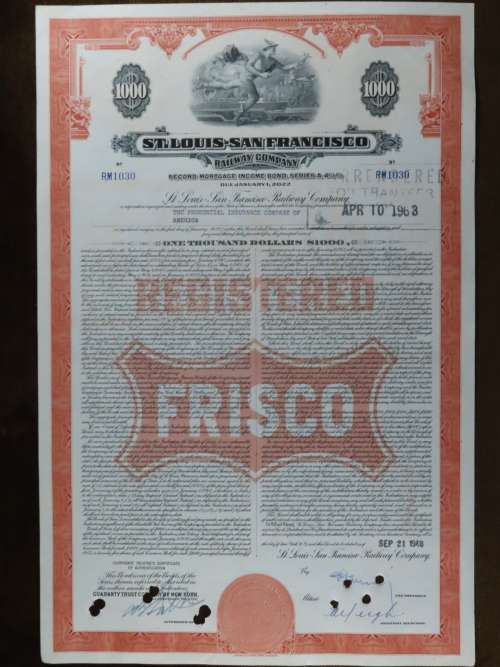 1948 St Louis San Francisco Railway Company, $1000 Bond Certificate RM1030