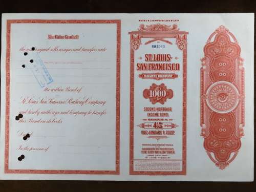 1948 St Louis San Francisco Railway Company, $1000 Bond Certificate RM1030