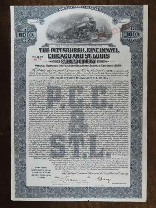 1920 Pittsburgh Cincinnati Chicago and St Louis Railroad Company, $1000 Gold Bond Certificate 10158