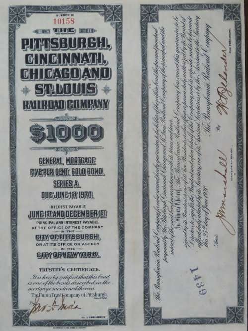 1920 Pittsburgh Cincinnati Chicago and St Louis Railroad Company, $1000 Gold Bond Certificate 10158