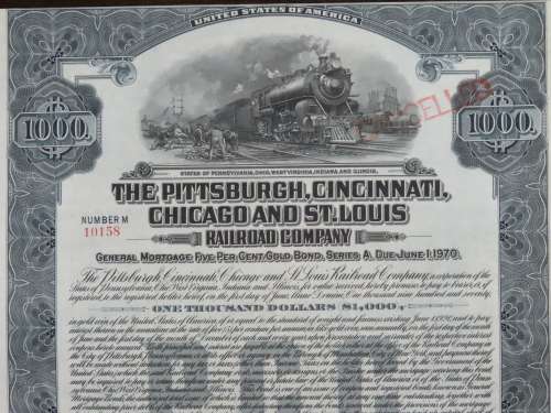 1920 Pittsburgh Cincinnati Chicago and St Louis Railroad Company, $1000 Gold Bond Certificate 10158