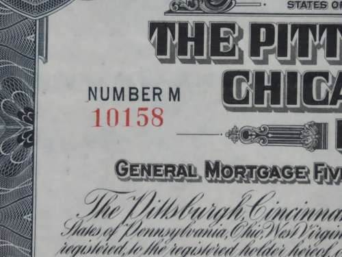 1920 Pittsburgh Cincinnati Chicago and St Louis Railroad Company, $1000 Gold Bond Certificate 10158
