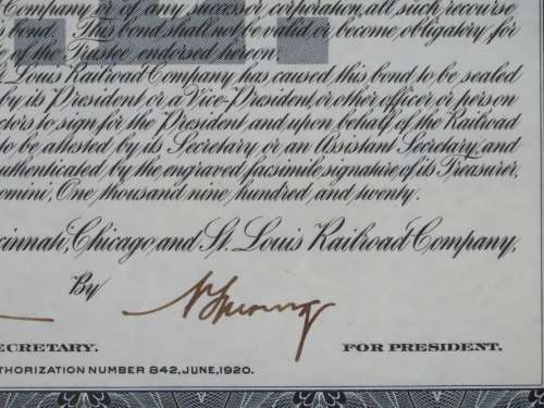 1920 Pittsburgh Cincinnati Chicago and St Louis Railroad Company, $1000 Gold Bond Certificate 10158