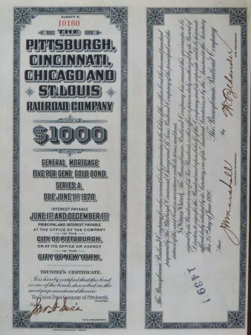 1920 Pittsburgh Cincinnati Chicago and St Louis Railroad Company, $1000 Gold Bond Certificate 10160