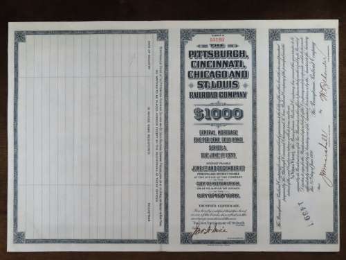 1920 Pittsburgh Cincinnati Chicago and St Louis Railroad Company, $1000 Gold Bond Certificate 10160