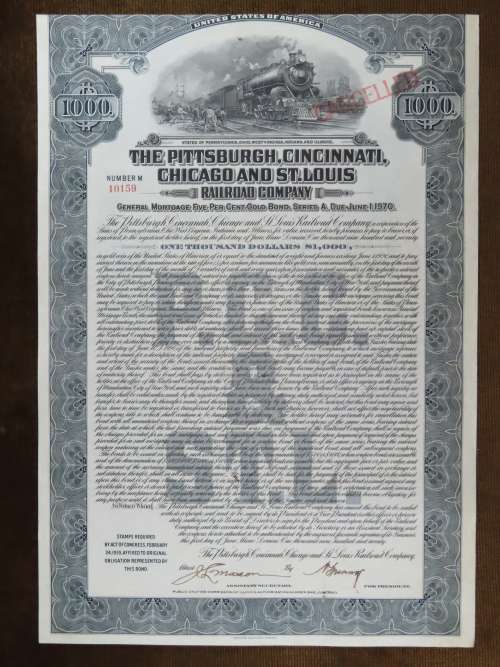 1920 Pittsburgh Cincinnati Chicago and St Louis Railroad Company, $1000 Gold Bond Certificate 10159