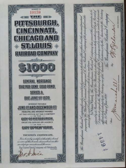 1920 Pittsburgh Cincinnati Chicago and St Louis Railroad Company, $1000 Gold Bond Certificate 10159