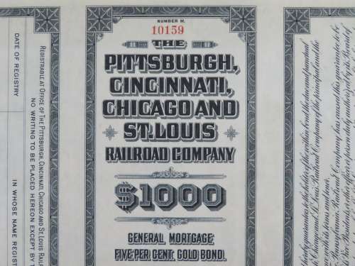 1920 Pittsburgh Cincinnati Chicago and St Louis Railroad Company, $1000 Gold Bond Certificate 10159