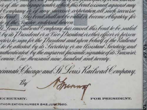 1920 Pittsburgh Cincinnati Chicago and St Louis Railroad Company, $1000 Gold Bond Certificate 10159
