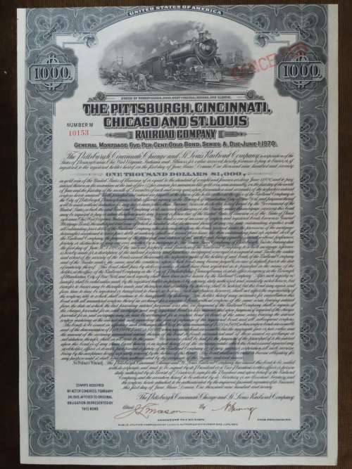 1920 Pittsburgh Cincinnati Chicago and St Louis Railroad Company, $1000 Gold Bond Certificate 10153